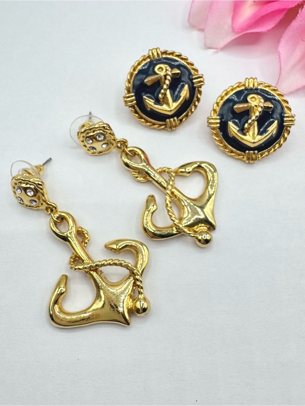 Vintage Anchor Earring Set Nautical Sailor Sailing Gold Tone Drop Dangle Stud